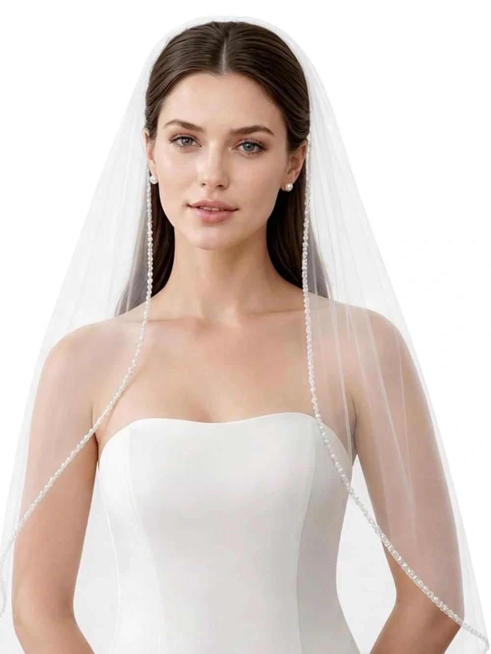 Classic Bridal Veil with Beaded Edge - White
